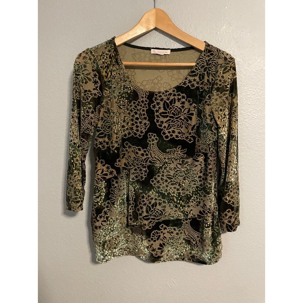 DB Womens Top Medium Floral Velvet Burnout Layered Stretch Forest Fairy Romantic